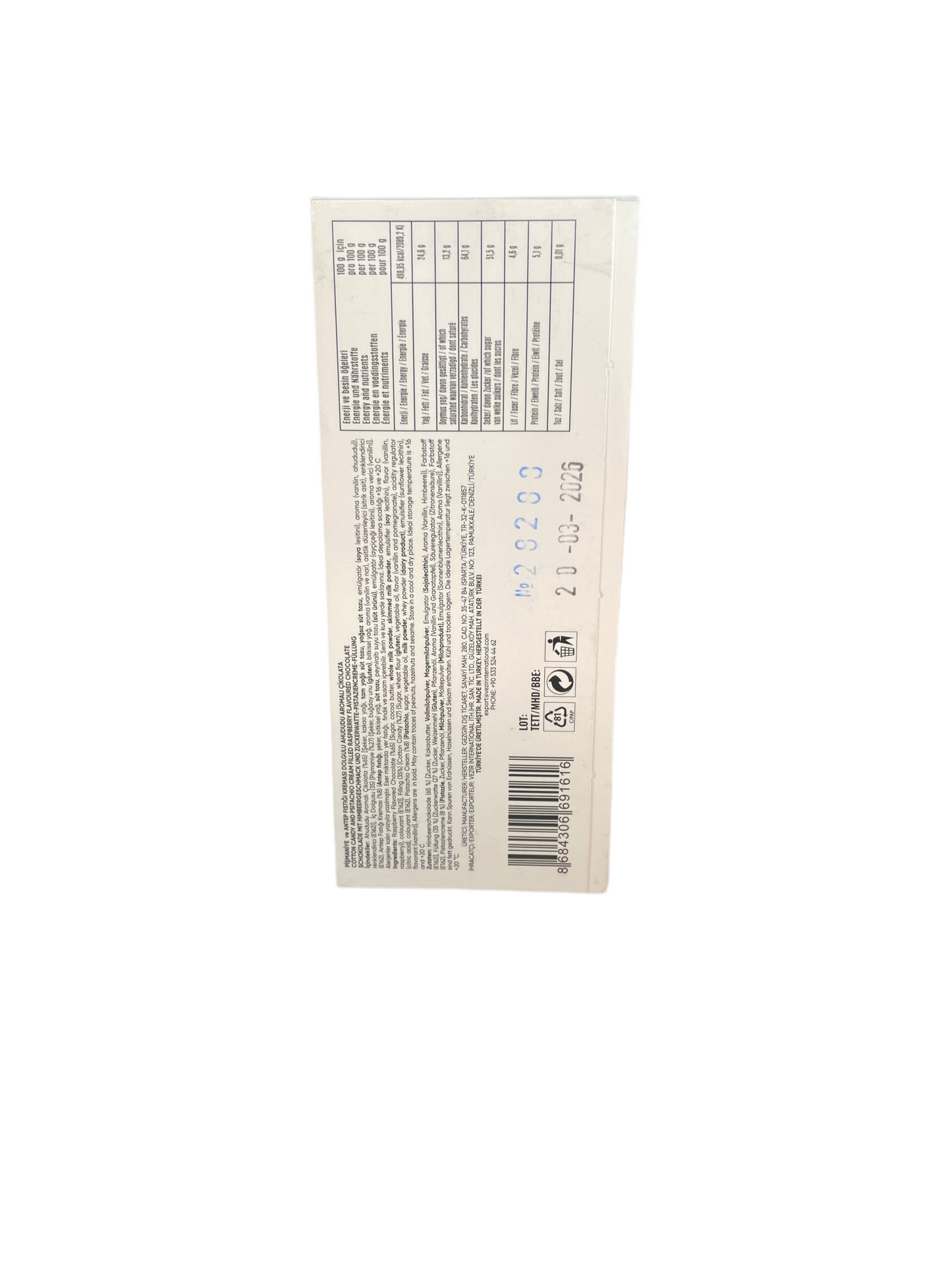 Ema Raspberry Chocolate Bar | Cotton Candy & Pistachio Cream (100g)