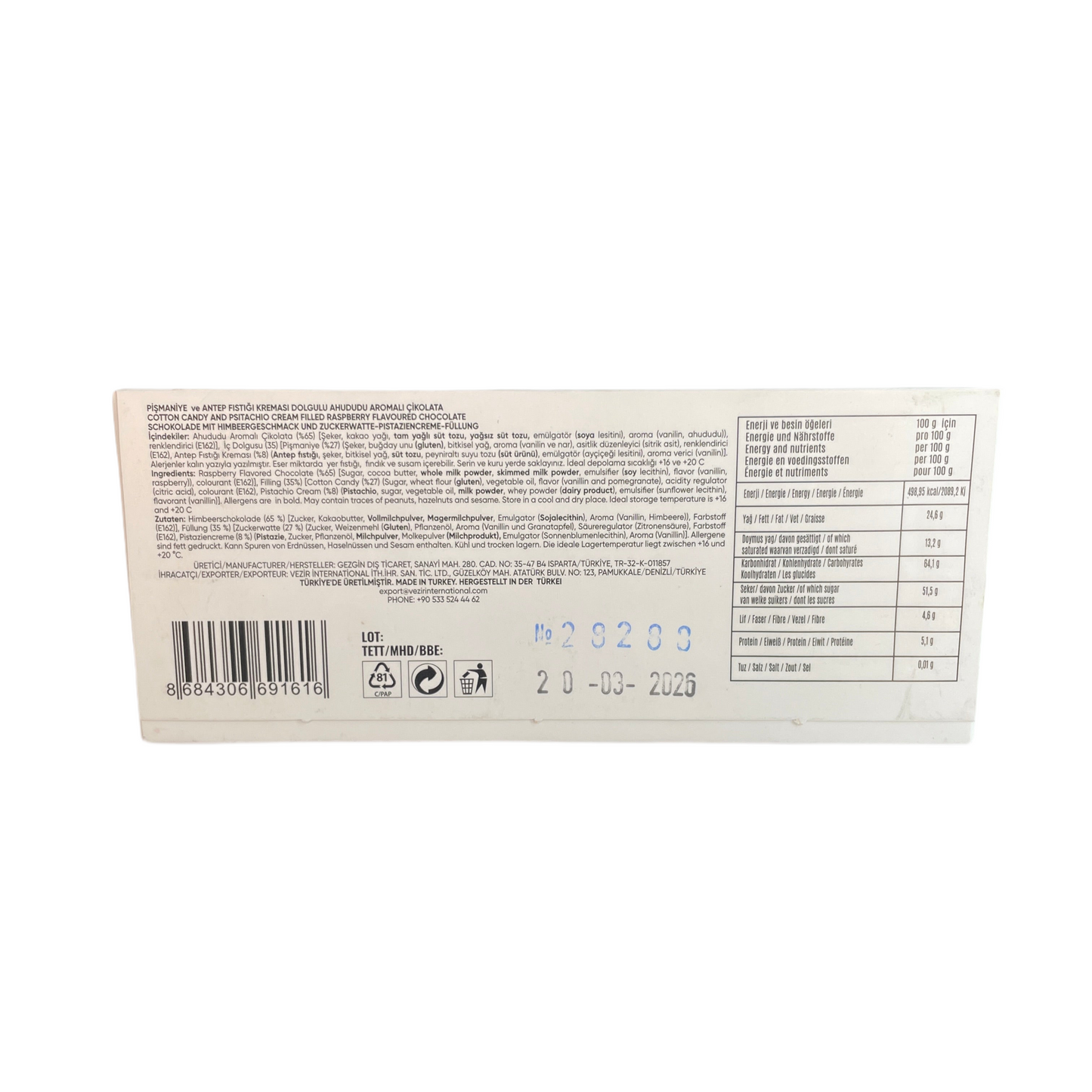Ema Raspberry Chocolate Bar | Cotton Candy & Pistachio Cream (100g)