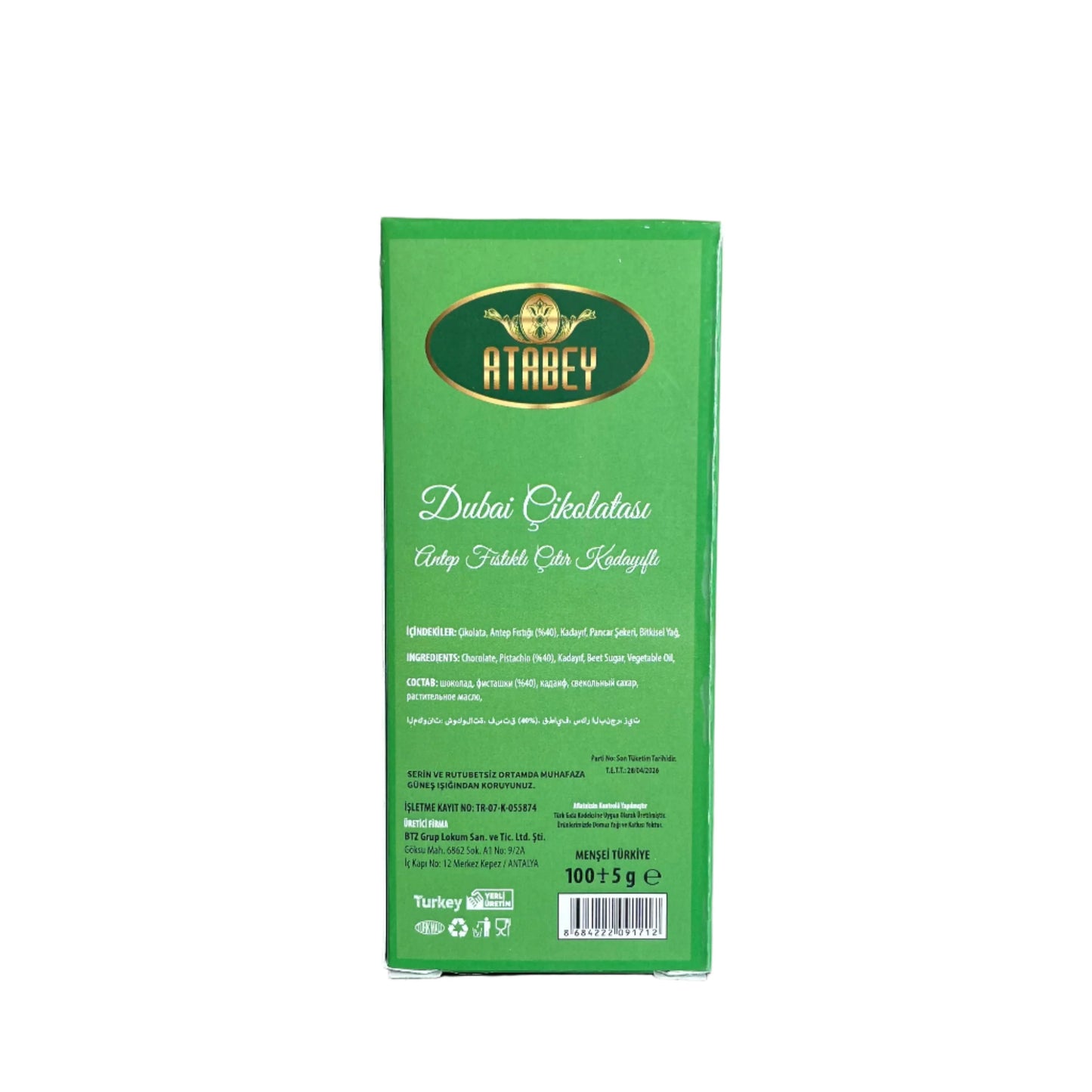 Small Dubai Chocolate Bar – Milk Chocolate & Pistachio (By Atabey) | Chocolate | (100g)