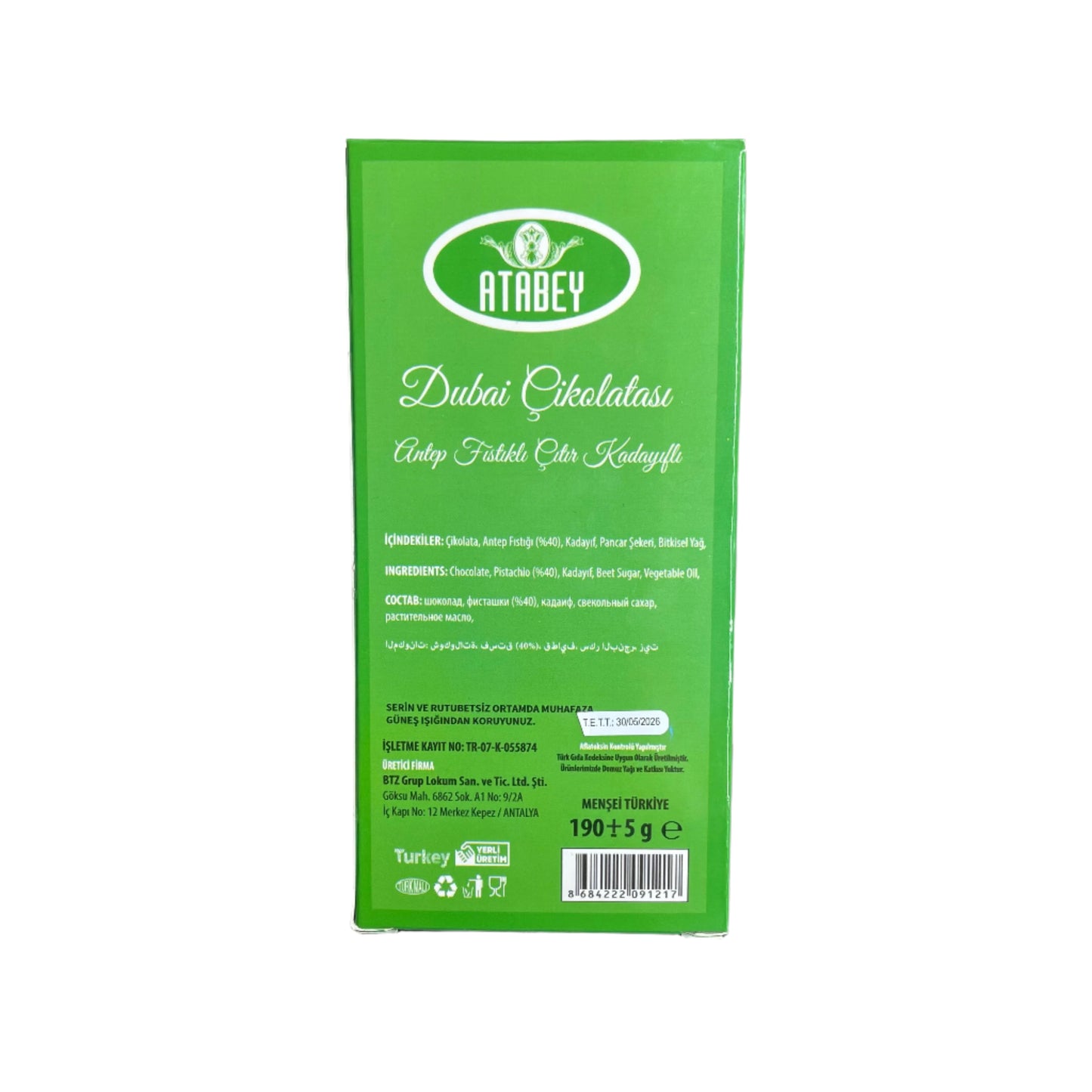 Large Dubai Chocolate Bar – Milk Chocolate & Pistachio (By Atabey)