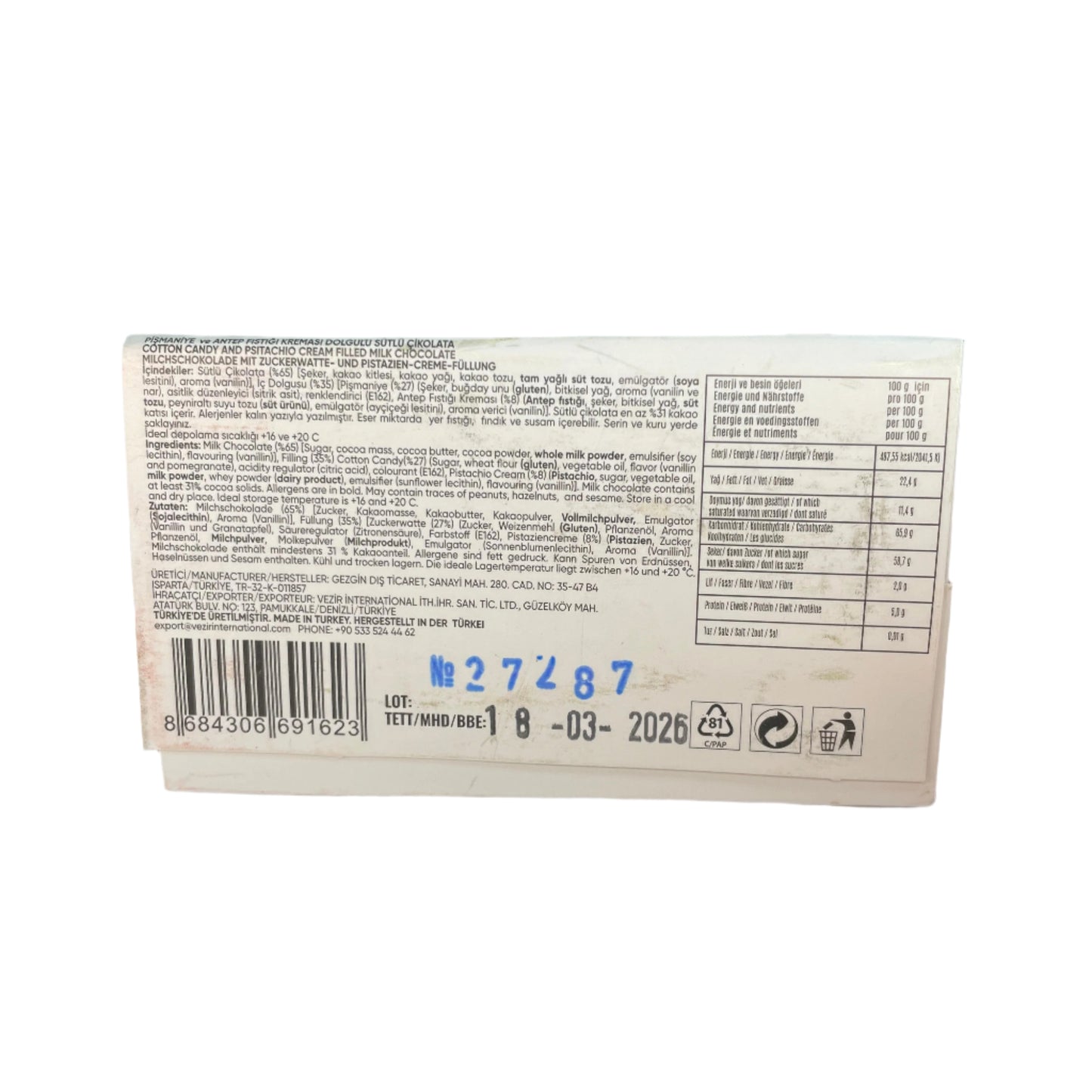 Ema Chocolate Milk Bar – Cotton Candy & Pistachio Cream | Chocolate | (55g)