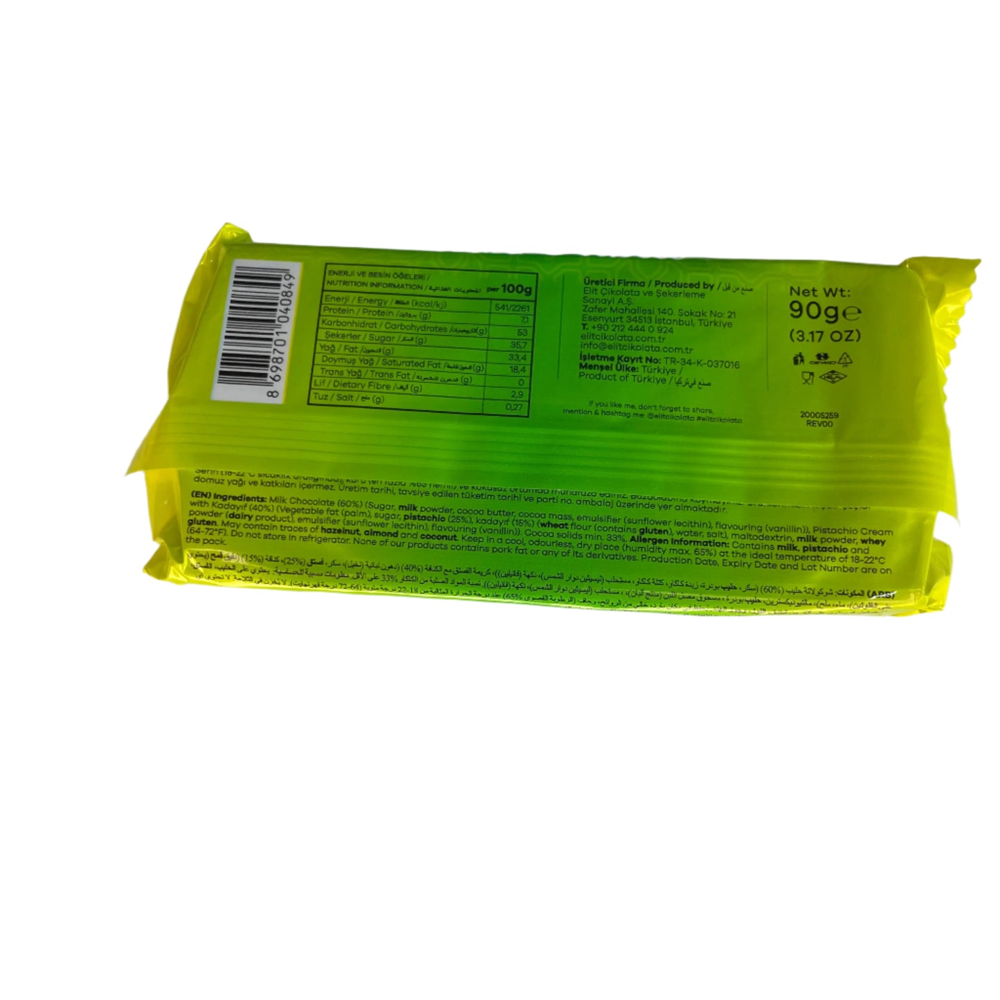 Elit Dubai Chocolate Bar | Milk Chocolate with Pistachio Cream & Kadayıf (90g)