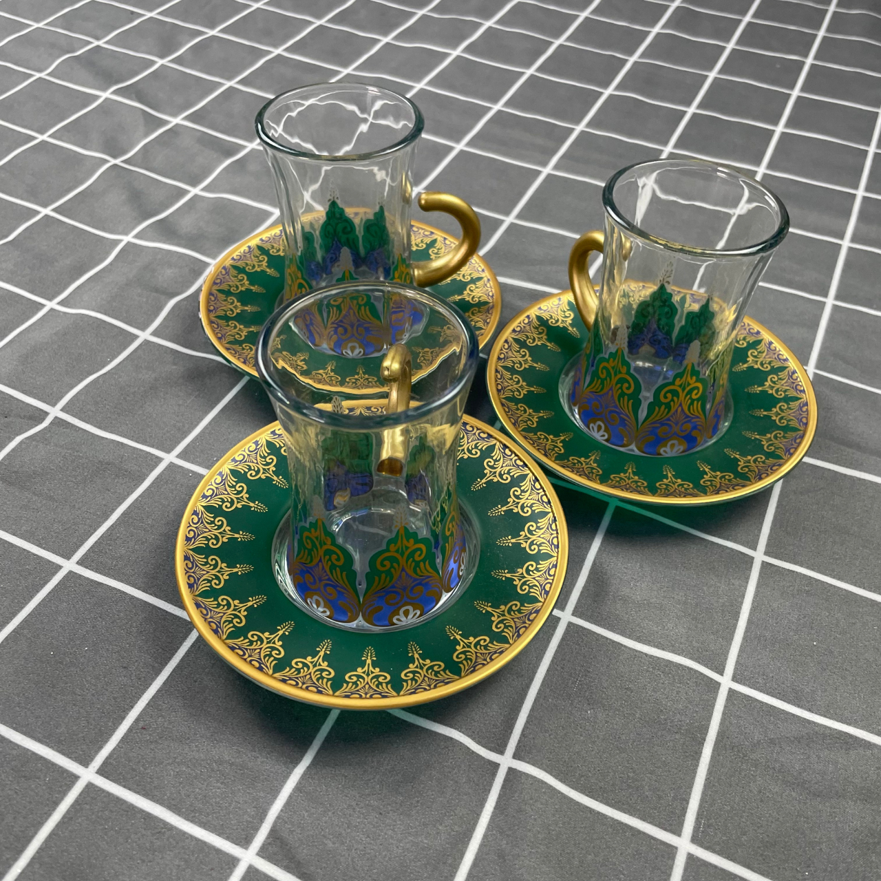 Turkish Chai Cups – Green & Gold Glass Set of 3