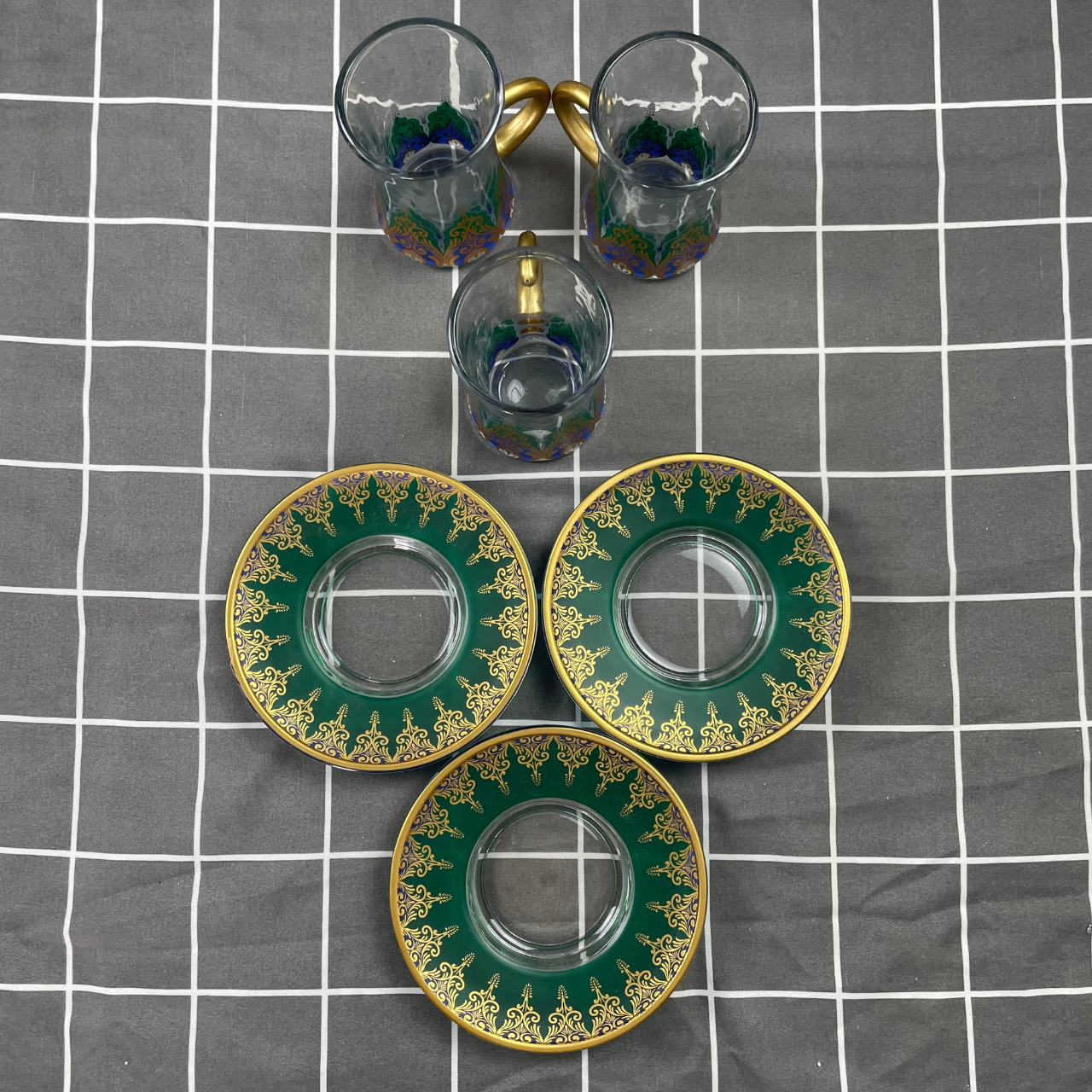 Turkish Chai Cups – Green & Gold Glass Set of 3