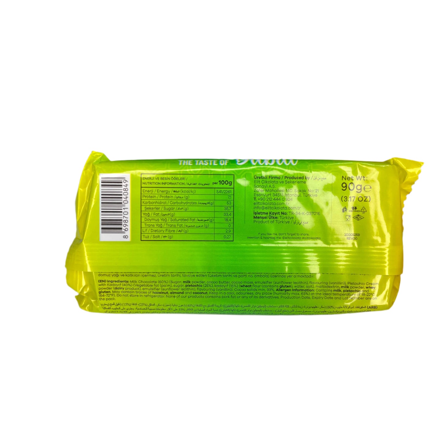 Elit Dubai Chocolate Bar | Milk Chocolate with Pistachio Cream & Kadayıf (90g)